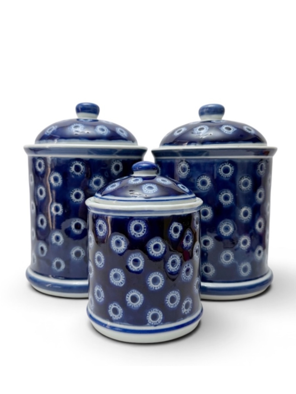 Vintage Blue White Dots Eyes Porcelain 3 Piece Kitchen Canister Set
